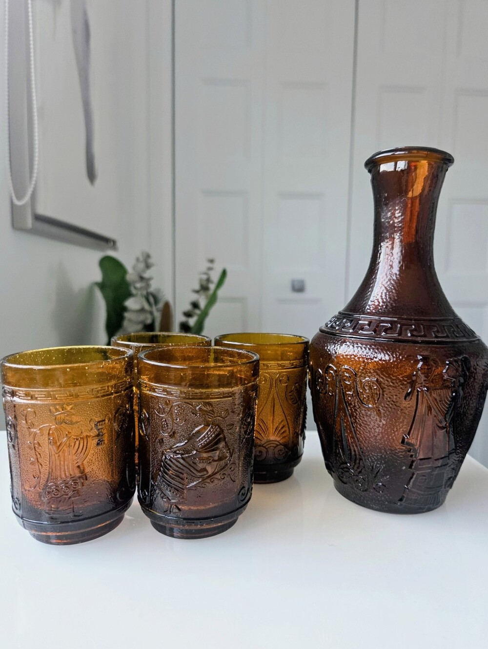 Vintage Amber Glass Greek Mythology Decanter Set